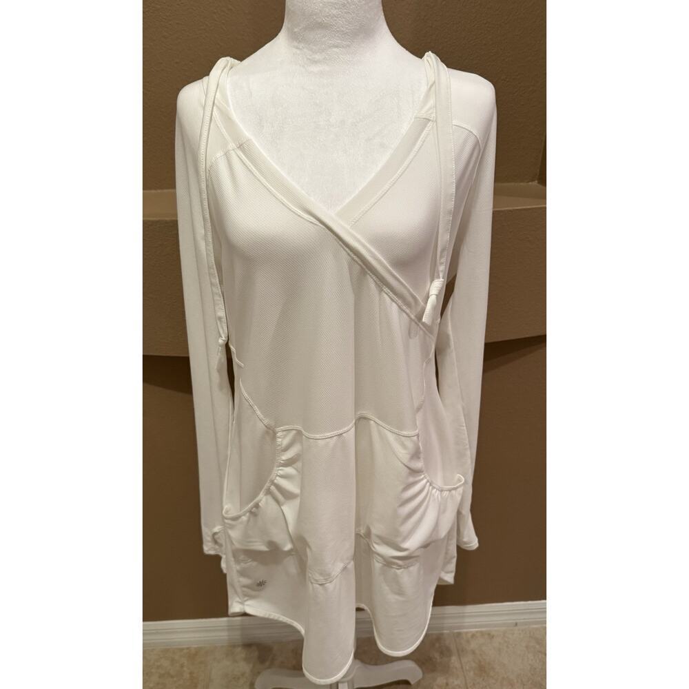 Athleta Hoodie Tunic Dress White Front Pockets Thumb Holes Sweatshirt Size L
